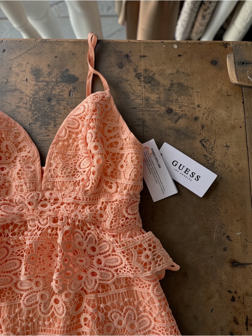 Guess Peach Lace Peplum Mini Dress